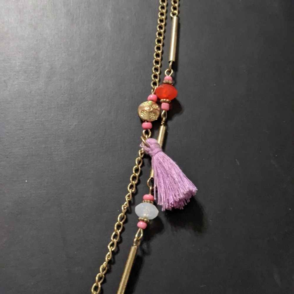 Gold Tone Silk Tassel and Crystal Bead Double Strand Statement Necklace - Picture 2 of 6